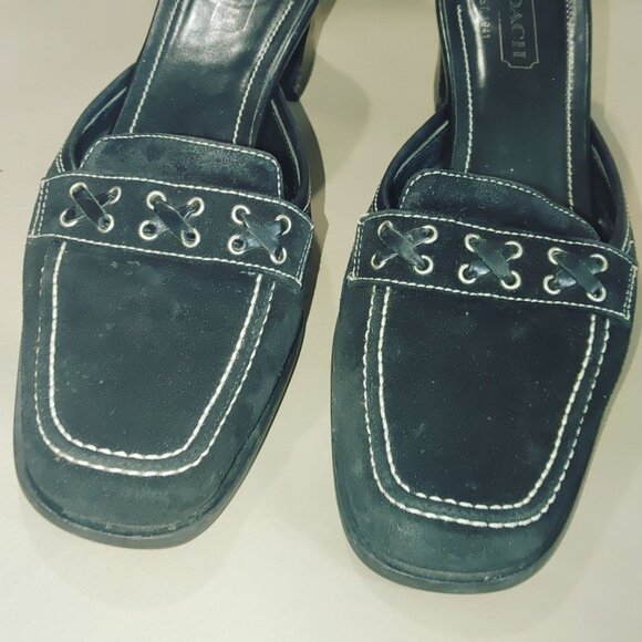 Coach Black Leather Size 7.5 Block Heels Slip On Mules Loafers Iris Suede Square - Picture 14 of 14